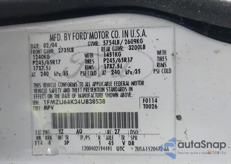 2004 Ford Explorer Eddie Bauer из США, поврежденный, VIN 1FMZU64K34UB38538